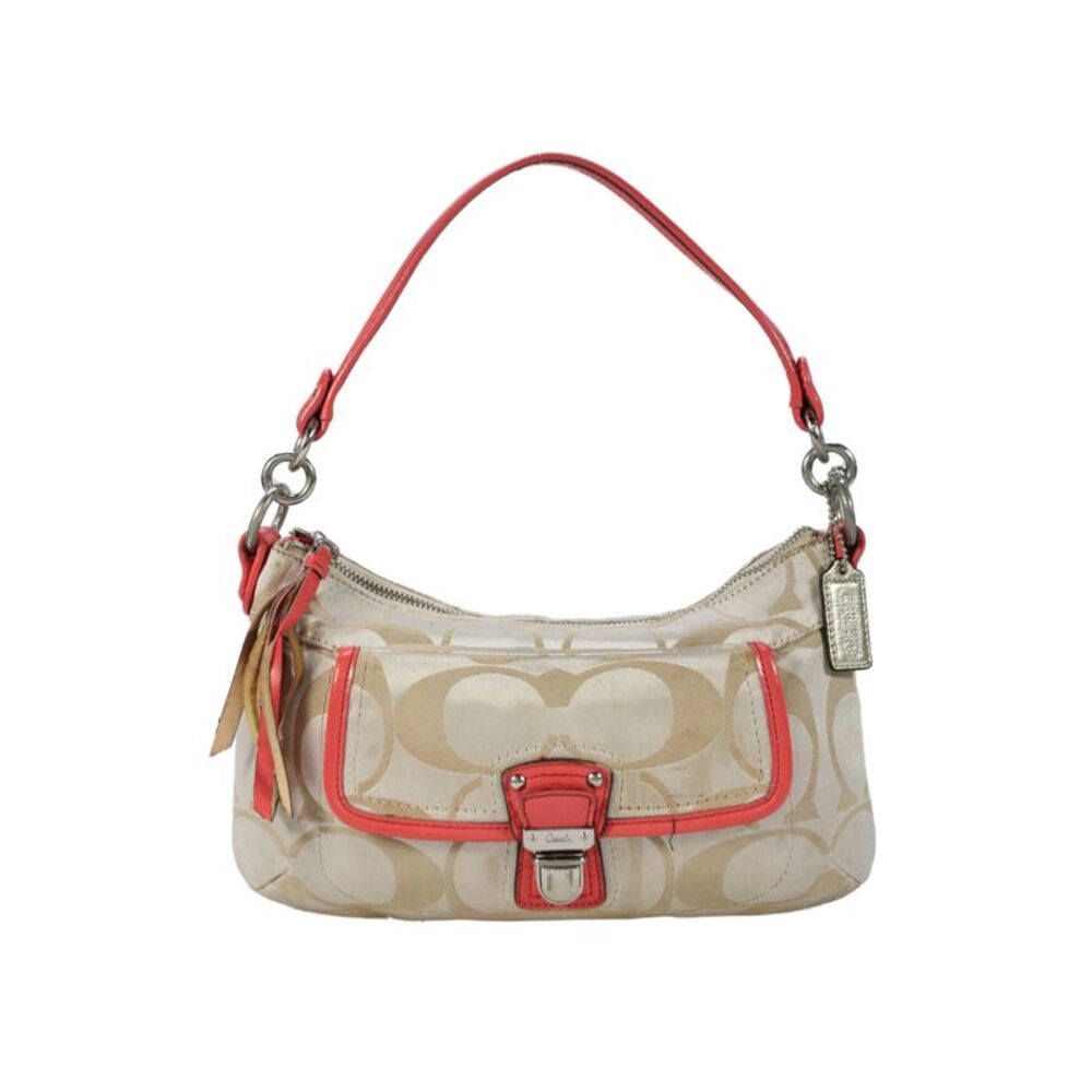 Coach Womens Monogram Canvas Zip Small Shoulder Bag Handbag Beige Coral
